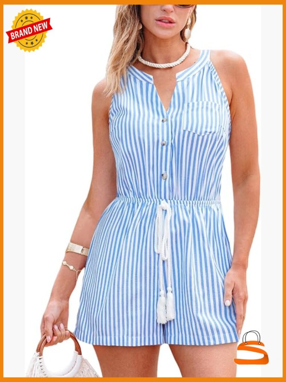 Sleeveless Striped Romper with V-Neck and Drawstring Waist